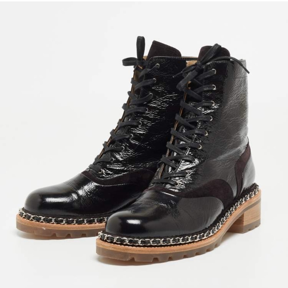Chanel Black Patent Leather Chain Detail Combat Boots